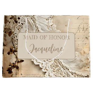 Vintage Lace Trim Maid of Honour Personalized Large Gift Bag