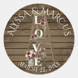 Vintage Ladder and Burgundy Roses Rustic Wedding Classic Round Sticker