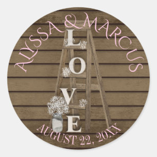 Vintage Ladder and Rustic Barn Wood Wedding Classic Round Sticker