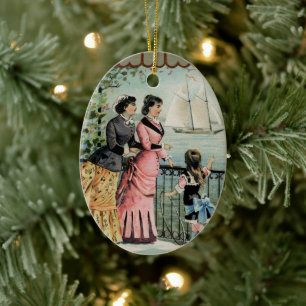 Vintage Ladies, Girl, Sailing Ship Ceramic Ornament