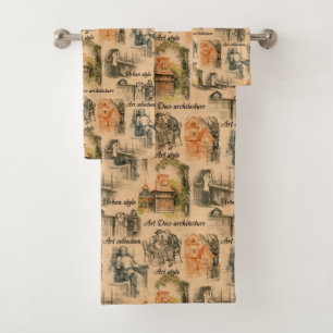 Vintage Ladies in the City Pencil Drawing Bath Towel Set