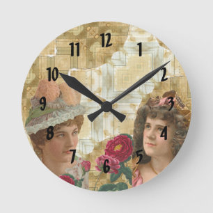 Vintage ladies on coffee stained collage with rose round clock