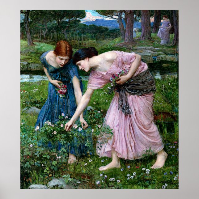Vintage Ladies Picking Pink Rose Flowers Poster (Front)
