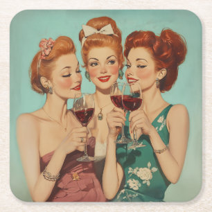 Vintage Ladies Toasting with Wine Square Paper Coaster