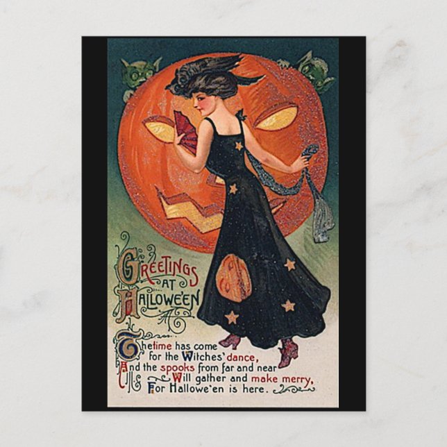 Vintage Lady and Jack o'lantern Moon Halloween Postcard (Front)