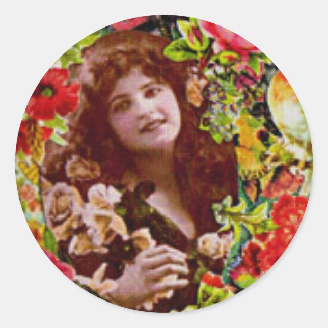 Vintage Lady Cameo in Roses Classic Round Sticker (Front)