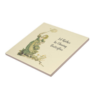 Vintage Lady Chasing Butterflies Tile