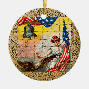 Vintage Lady, Eagle, Flag and Liberty Bell Mosiac Ceramic Ornament