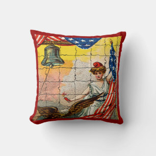 Vintage Lady, Eagle, Flag and Liberty Bell Mosiac Throw Pillow