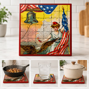 Vintage Lady, Eagle, Flag and Liberty Bell Mosiac Tile