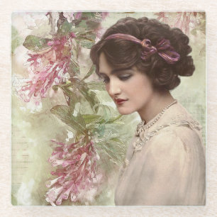 Vintage Lady Elegant Pink Floral Glass Coaster