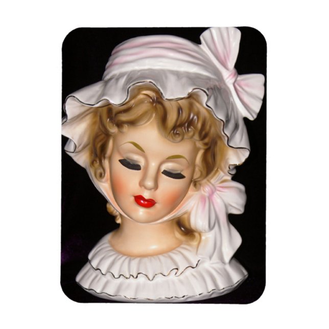 Vintage Lady Head Vase Pink Ruffled Bonnet Magnet (Vertical)