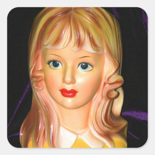 Vintage Lady Head Vase Teen with Squiggles Square Sticker