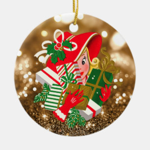 Vintage Lady Holding Christmas Presents Gold Bokeh Ceramic Ornament