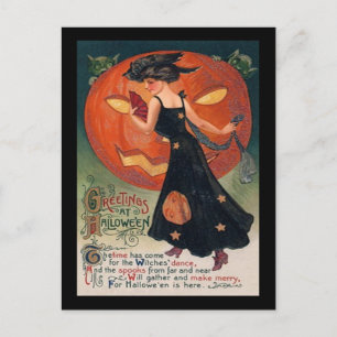 Vintage Lady in Black and Jack o' Lantern Postcard