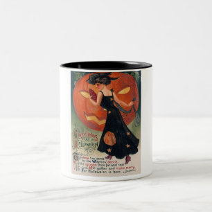 Vintage Lady in Black and Jack o' Lantern Two-Tone Coffee Mug