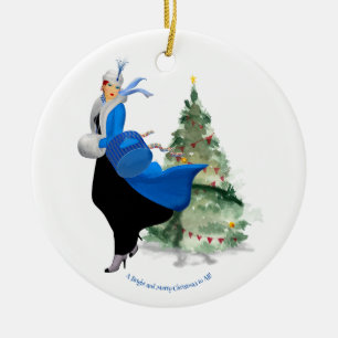 Vintage Lady in Blue Christmas Greeting Ceramic Ornament