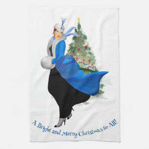 Vintage Lady in Blue Christmas Greeting Kitchen Towel