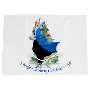 Vintage Lady in Blue Christmas Greeting Large Gift Bag
