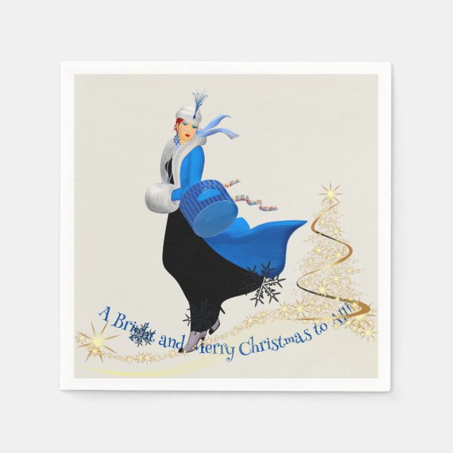 Vintage Lady in Blue Christmas Greeting Napkin (Front)