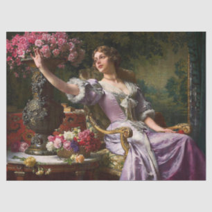 Vintage Lady In Pink Lilac Dress & Red Rose Tissue Paper