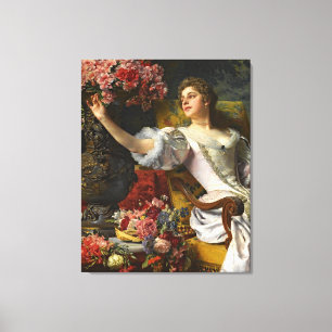 Vintage Lady In Pink Orange Dress & Pink Rose Canvas Print