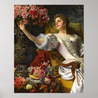 Vintage Lady In Pink Orange Dress & Pink Rose Poster