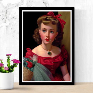 Vintage Lady In Red Dress Rose Retro Poster