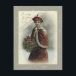 Vintage Lady in Snow with Christmas Greeting Holiday Postcard<br><div class="desc">Lovely Victorian lady dressed for winter in red cape holding a bouquet of holly in snow with Christmas greeting.</div>