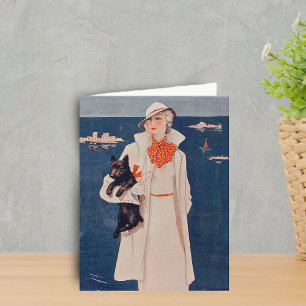 Vintage Lady in White and Dog by Ocean Note Card
