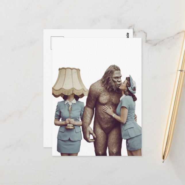 Vintage Lady Kissing Sasquatch Postcard (Front/Back In Situ)
