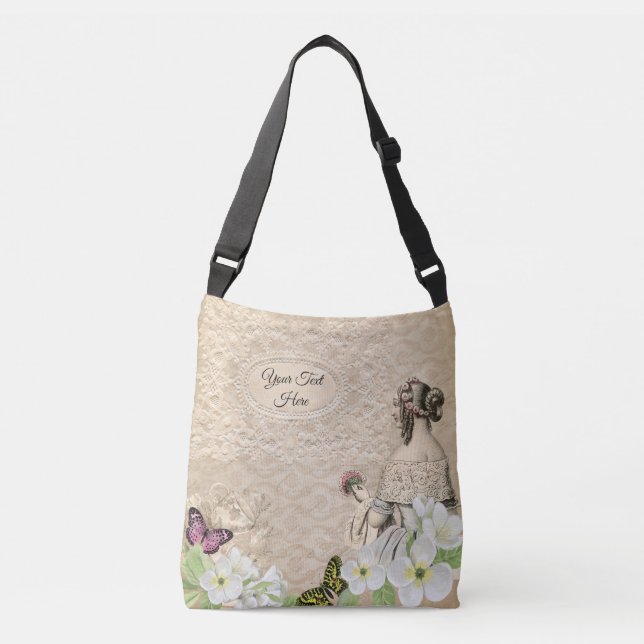 Vintage Lady Magnolias and Butterflies Crossbody Bag (Front)