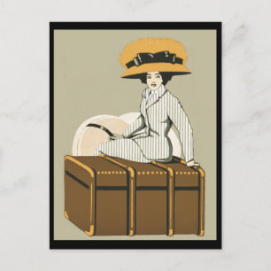 Vintage Lady on Travel Trunk Postcard