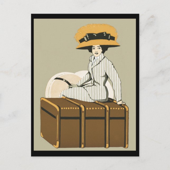 Vintage Lady on Travel Trunk Postcard (Front)