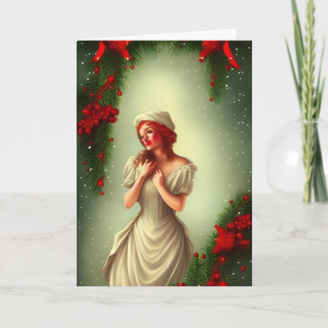 Vintage Lady Retro Christmas Holiday Card (Front)