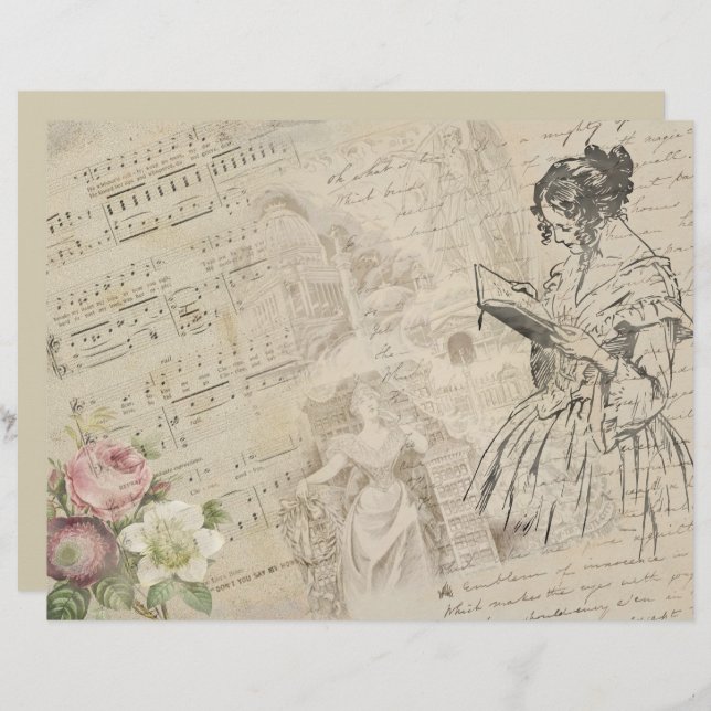 Vintage Lady Script Music Sheet Scrapbook Paper (Front/Back)