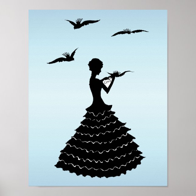 Vintage Lady Silhouette Love Letter Doves Poster (Front)
