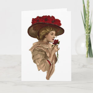 Vintage- Lady Stops to Smell a Red Rose, Card