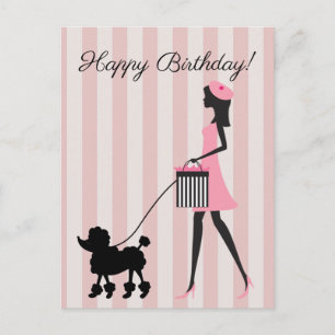 Vintage Lady walking black poodle Happy Birthday Postcard
