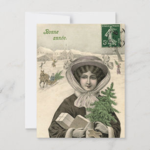 Vintage lady winter illustration Christmas card