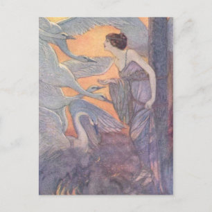 Vintage - Lady with Six Swans, Postcard