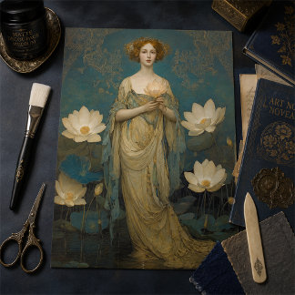 Vintage Lady with White Waterlilies Decoupage Tissue Paper