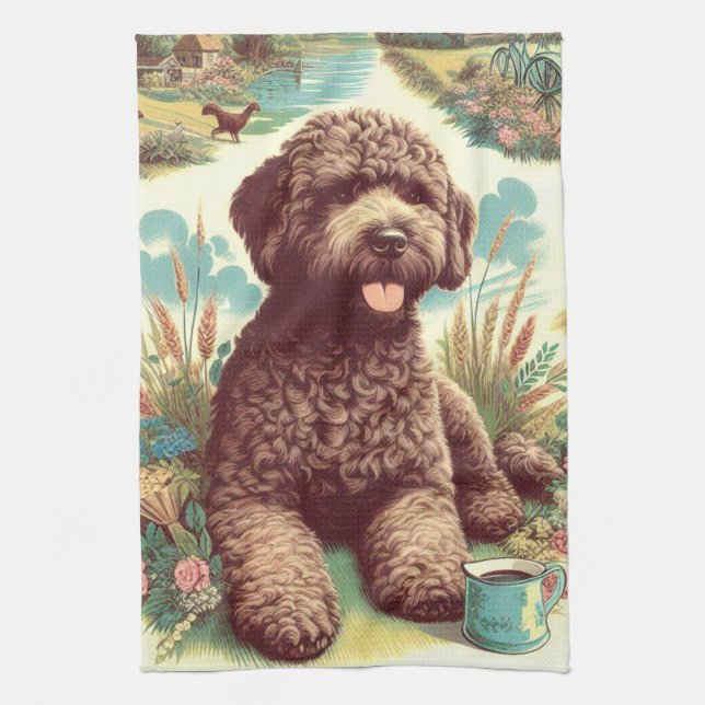 Vintage Lagotto Romagnolo Illustration Kitchen Towel (Vertical)