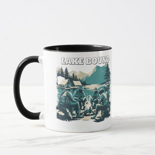 Vintage Lake Bound Camping Campfire Graphic Mug (Left)