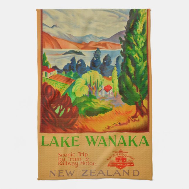 Vintage Lake Wanaka New Zealand Travel Kitchen Towel (Vertical)
