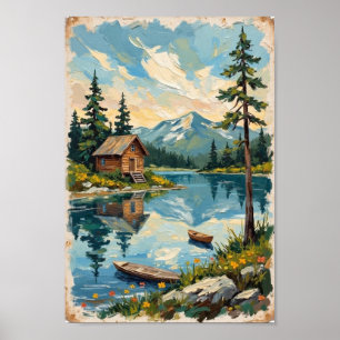 Vintage Lakeside Cabin Rustic Art Poster
