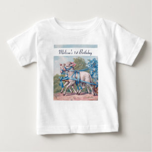 Vintage Lambs in Blue Ribbons 1st Birthday Baby T-Shirt