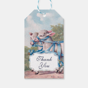 Vintage Lambs in Blue Ribbons on Stripes Thank You Gift Tags