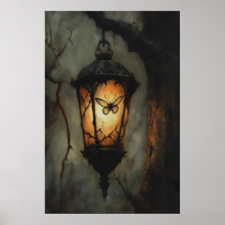 Vintage Lamp Lantern Moth Art, Gothic Forestcore Poster