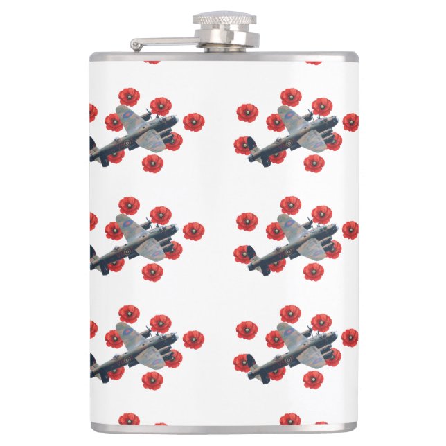 Vintage Lancaster Amongst Red Poppies Hip Flask (Front)